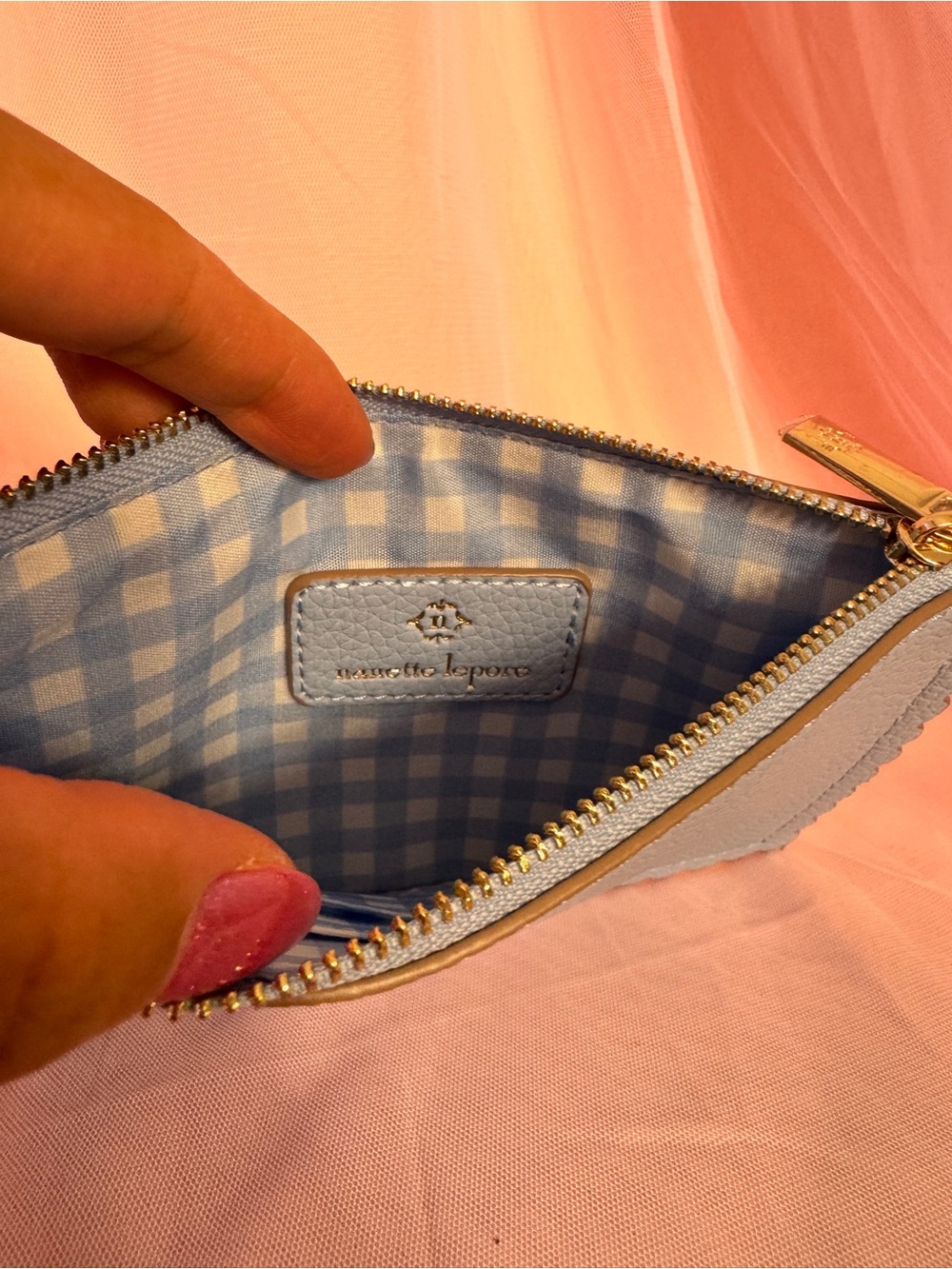 👝Nanette Lepore Blue Pebbled GinghamWristlet w Wrist Strap Gold Hardware - Picture 5 of 5